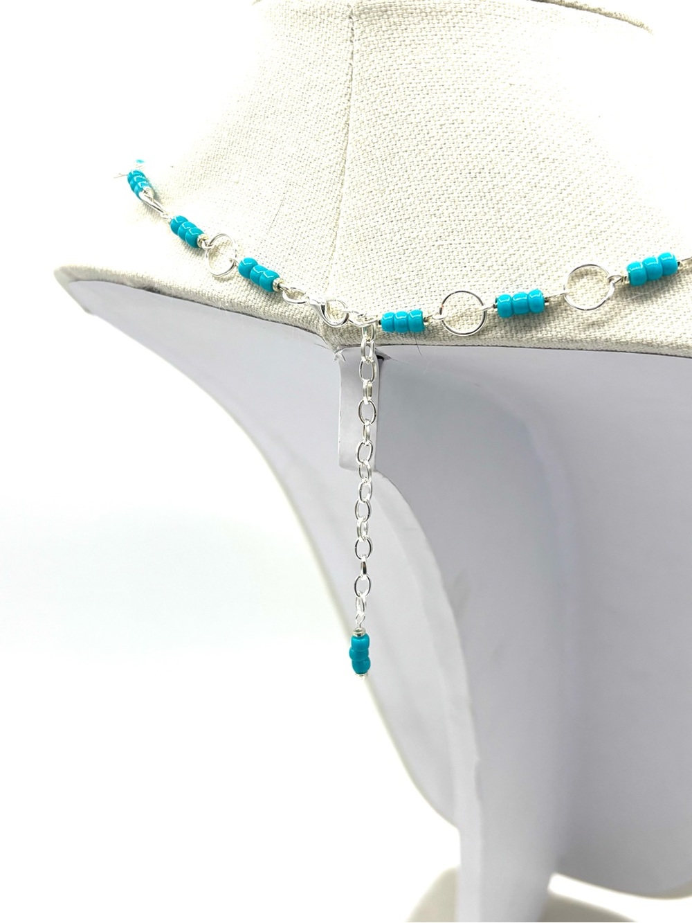 Hand Crafted Turquoise Blue Linked Beaded Pendant Lariat Necklace - Picture 6 of 8